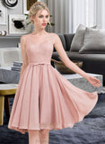 Jeanie A-Line V-neck Knee-Length Chiffon Lace Bridesmaid Dress With Bow(s) STKP0012939