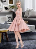 Jeanie A-Line V-neck Knee-Length Chiffon Lace Bridesmaid Dress With Bow(s) STKP0012939