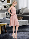 Jeanie A-Line V-neck Knee-Length Chiffon Lace Bridesmaid Dress With Bow(s) STKP0012939