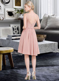 Jeanie A-Line V-neck Knee-Length Chiffon Lace Bridesmaid Dress With Bow(s) STKP0012939