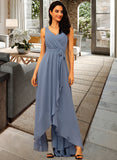 Aleena A-Line V-neck Asymmetrical Chiffon Bridesmaid Dress With Ruffle Bow(s) STKP0012942