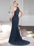 Sal Trumpet/Mermaid High Neck Sweep Train Chiffon Lace Bridesmaid Dress STKP0012946