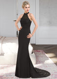 Sal Trumpet/Mermaid High Neck Sweep Train Chiffon Lace Bridesmaid Dress STKP0012946