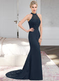 Sal Trumpet/Mermaid High Neck Sweep Train Chiffon Lace Bridesmaid Dress STKP0012946