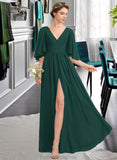 Nancy A-Line V-neck Floor-Length Chiffon Bridesmaid Dress With Ruffle Bow(s) Split Front STKP0012948