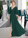 Nancy A-Line V-neck Floor-Length Chiffon Bridesmaid Dress With Ruffle Bow(s) Split Front STKP0012948