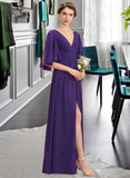 Nancy A-Line V-neck Floor-Length Chiffon Bridesmaid Dress With Ruffle Bow(s) Split Front STKP0012948