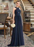 Jode A-line V-Neck Sweep Train Chiffon Bridesmaid Dress With Ruffle STKP0012949