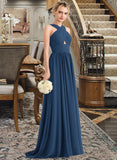 Jode A-line V-Neck Sweep Train Chiffon Bridesmaid Dress With Ruffle STKP0012949