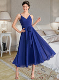 Danna A-Line V-neck Tea-Length Chiffon Bridesmaid Dress With Ruffle Bow(s) STKP0012958