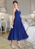 Danna A-Line V-neck Tea-Length Chiffon Bridesmaid Dress With Ruffle Bow(s) STKP0012958