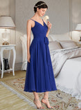 Danna A-Line V-neck Tea-Length Chiffon Bridesmaid Dress With Ruffle Bow(s) STKP0012958