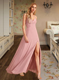 Kate A-Line V-neck Floor-Length Bridesmaid Dress With Split Front STKP0012959