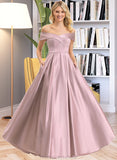 Presley A-Line Off-the-Shoulder Floor-Length Satin Bridesmaid Dress With Pockets STKP0012961