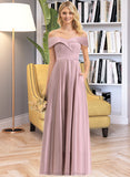 Presley A-Line Off-the-Shoulder Floor-Length Satin Bridesmaid Dress With Pockets STKP0012961