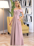 Presley A-Line Off-the-Shoulder Floor-Length Satin Bridesmaid Dress With Pockets STKP0012961