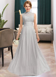 Alessandra A-line High Neck Floor-Length Chiffon Lace Bridesmaid Dress With Ruffle STKP0012966