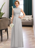 Alessandra A-line High Neck Floor-Length Chiffon Lace Bridesmaid Dress With Ruffle STKP0012966