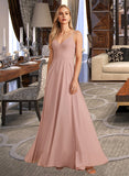 Amirah A-Line V-neck Floor-Length Bridesmaid Dress With Lace STKP0012975