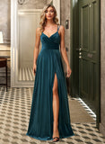 Alma A-Line V-neck Floor-Length Bridesmaid Dress With Split Front STKP0012978