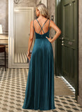 Alma A-Line V-neck Floor-Length Bridesmaid Dress With Split Front STKP0012978