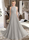 Celia A-Line Scoop Neck Floor-Length Chiffon Lace Bridesmaid Dress With Pleated STKP0012980