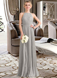 Celia A-Line Scoop Neck Floor-Length Chiffon Lace Bridesmaid Dress With Pleated STKP0012980