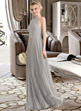 Celia A-Line Scoop Neck Floor-Length Chiffon Lace Bridesmaid Dress With Pleated STKP0012980