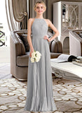 Celia A-Line Scoop Neck Floor-Length Chiffon Lace Bridesmaid Dress With Pleated STKP0012980