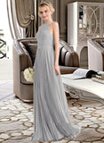 Celia A-Line Scoop Neck Floor-Length Chiffon Lace Bridesmaid Dress With Pleated STKP0012980