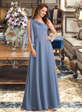 Johanna A-Line One-Shoulder Floor-Length Bridesmaid Dress With Bow(s) STKP0012985