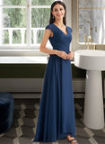 Kelsie A-Line V-neck Floor-Length Bridesmaid Dress With Ruffle STKP0012986