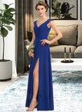 Mckenna A-Line V-neck Floor-Length Chiffon Lace Bridesmaid Dress With Ruffle Split Front STKP0012988