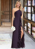 Kyla A-Line One-Shoulder Floor-Length Chiffon Bridesmaid Dress With Split Front Cascading Ruffles STKP0012997