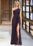 Kyla A-Line One-Shoulder Floor-Length Chiffon Bridesmaid Dress With Split Front Cascading Ruffles STKP0012997