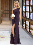 Kyla A-Line One-Shoulder Floor-Length Chiffon Bridesmaid Dress With Split Front Cascading Ruffles STKP0012997