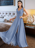 Sasha A-Line V-neck Floor-Length Bridesmaid Dress With Bow(s) Split Front STKP0013001