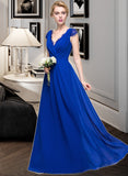 Rayne A-Line V-neck Floor-Length Chiffon Bridesmaid Dress With Ruffle STKP0013004