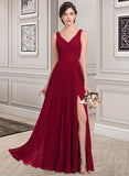 Anastasia A-Line V-neck Floor-Length Chiffon Bridesmaid Dress With Split Front Pleated STKP0013007