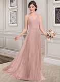 Anastasia A-Line V-neck Floor-Length Chiffon Bridesmaid Dress With Split Front Pleated STKP0013007