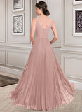 Anastasia A-Line V-neck Floor-Length Chiffon Bridesmaid Dress With Split Front Pleated STKP0013007