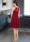 Malia A-Line Scoop Neck Knee-Length Chiffon Lace Bridesmaid Dress With Ruffle Bow(s) STKP0013012