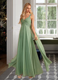 Elise A-Line V-neck Floor-Length Bridesmaid Dress With Ruffle STKP0013014