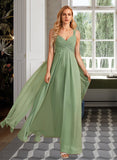 Elise A-Line V-neck Floor-Length Bridesmaid Dress With Ruffle STKP0013014