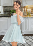 Diamond A-Line V-neck Short/Mini Bridesmaid Dress With Cascading Ruffles STKP0013023