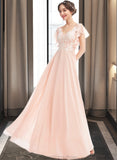 Jo A-Line V-neck Floor-Length Bridesmaid Dress With Ruffle STKP0013025