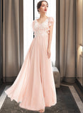 Jo A-Line V-neck Floor-Length Bridesmaid Dress With Ruffle STKP0013025