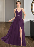 Daisy A-Line V-neck Floor-Length Chiffon Bridesmaid Dress With Beading Sequins Split Front Pockets STKP0013028