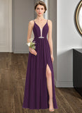 Daisy A-Line V-neck Floor-Length Chiffon Bridesmaid Dress With Beading Sequins Split Front Pockets STKP0013028