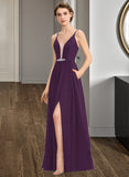 Daisy A-Line V-neck Floor-Length Chiffon Bridesmaid Dress With Beading Sequins Split Front Pockets STKP0013028